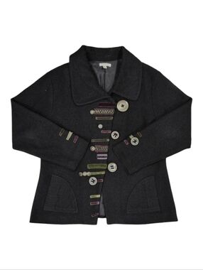 Carson~Women Wool Applique Button Jacket~Lagenlook~Black Artsy Whimsical~XL